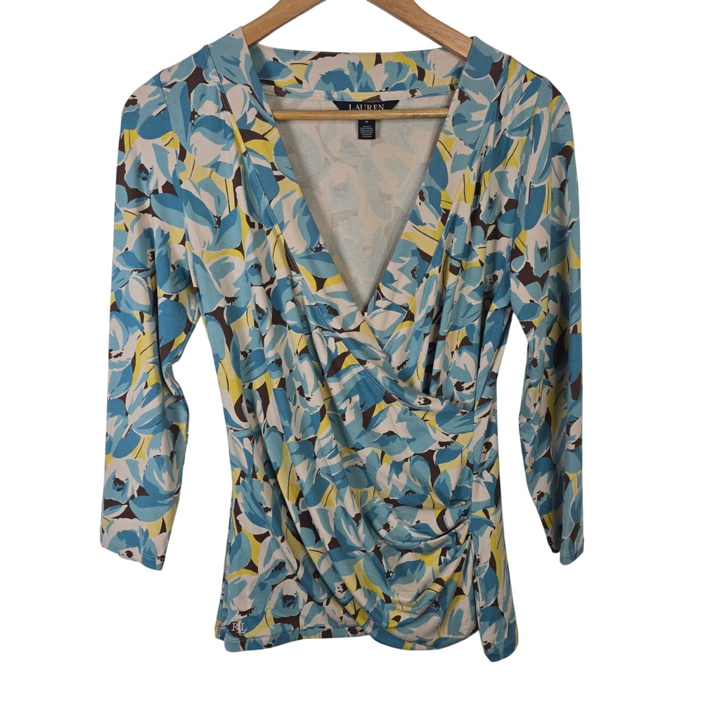 Lauren Ralph Lauren Blue Floral Faux Wrap V-Neck 3/4 Sleeve Top Womens Size M